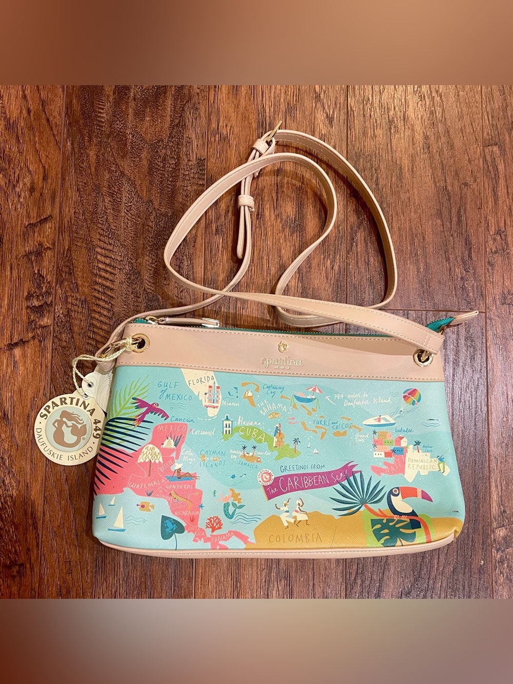 Spartina 449 Aqua and Pink Caribbean Map Crossbody